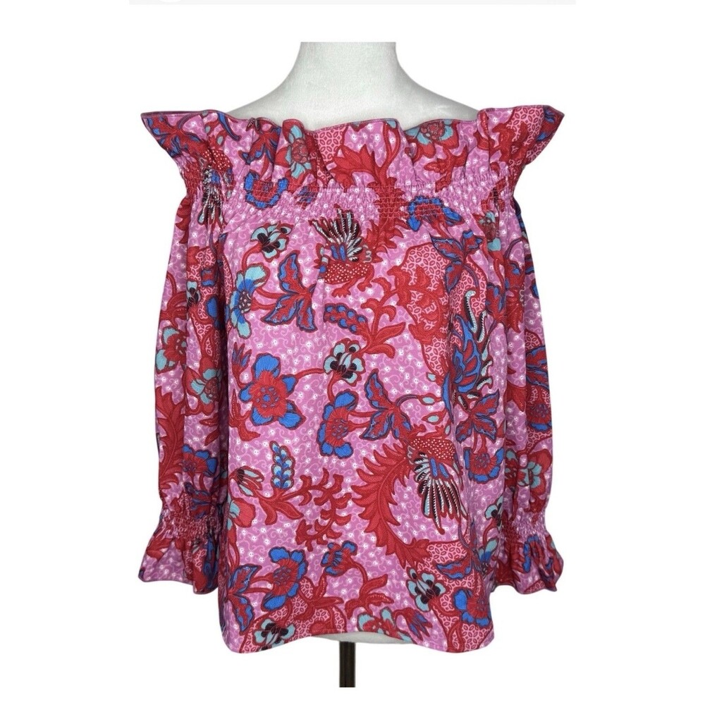 Tuckernuck Ruffled Off the Shoulder Tunic Blouse Top Bright Pink Floral Sz S